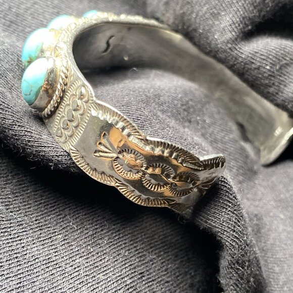Signed S Navajo Artist Sterling Silver Bracelet REAL Turquoise 2" wide 6" around - Picture 6 of 7